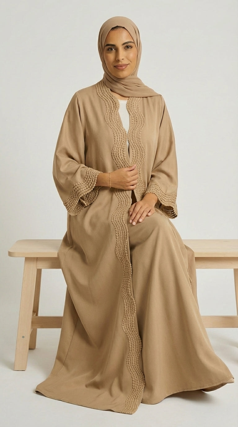 Mocha Open-Front Abaya with Scalloped Trim