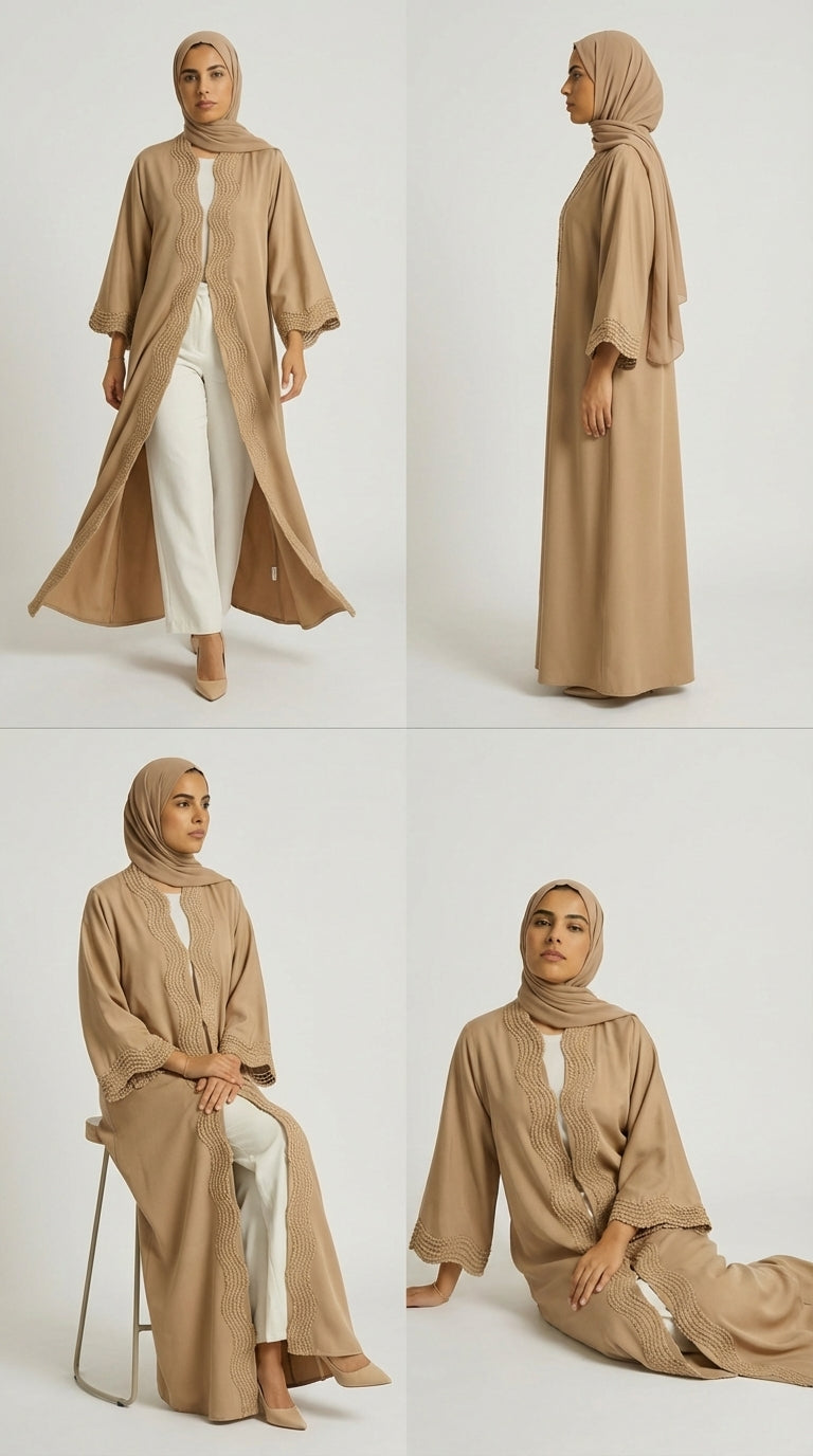 Mocha Open-Front Abaya with Scalloped Trim