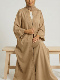 Mocha Open-Front Abaya with Scalloped Trim