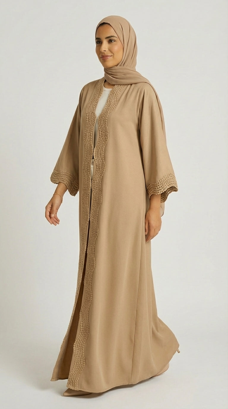 Mocha Open-Front Abaya with Scalloped Trim