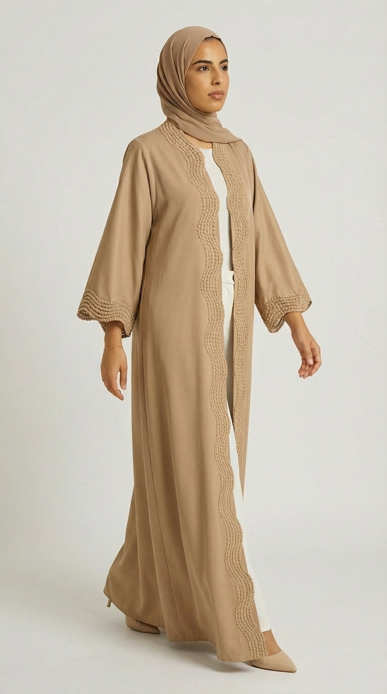 Mocha Open-Front Abaya with Scalloped Trim