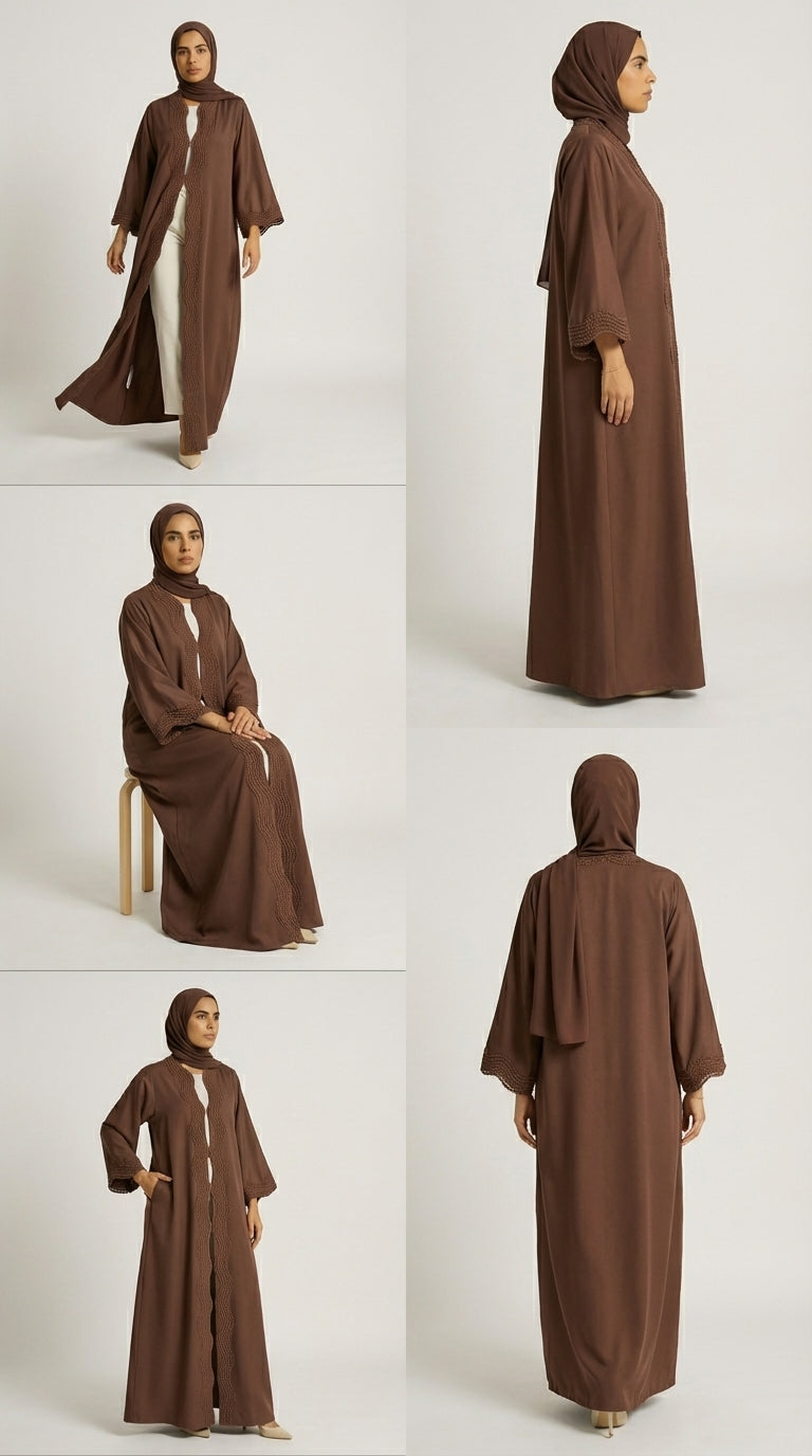 Chocolate Brown Open-Front Abaya with Scalloped Trim