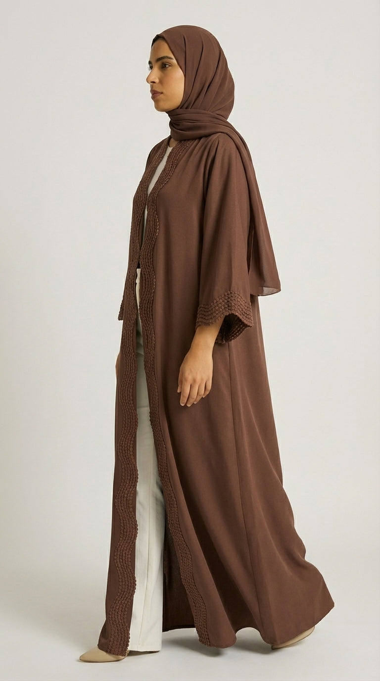 Chocolate Brown Open-Front Abaya with Scalloped Trim