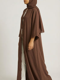 Chocolate Brown Open-Front Abaya with Scalloped Trim