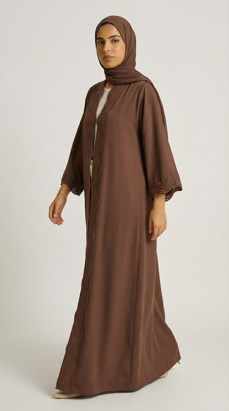 Chocolate Brown Open-Front Abaya with Scalloped Trim