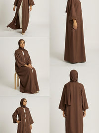 Chocolate Brown Open-Front Abaya with Scalloped Trim