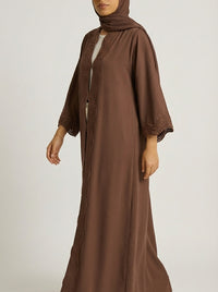 Chocolate Brown Open-Front Abaya with Scalloped Trim