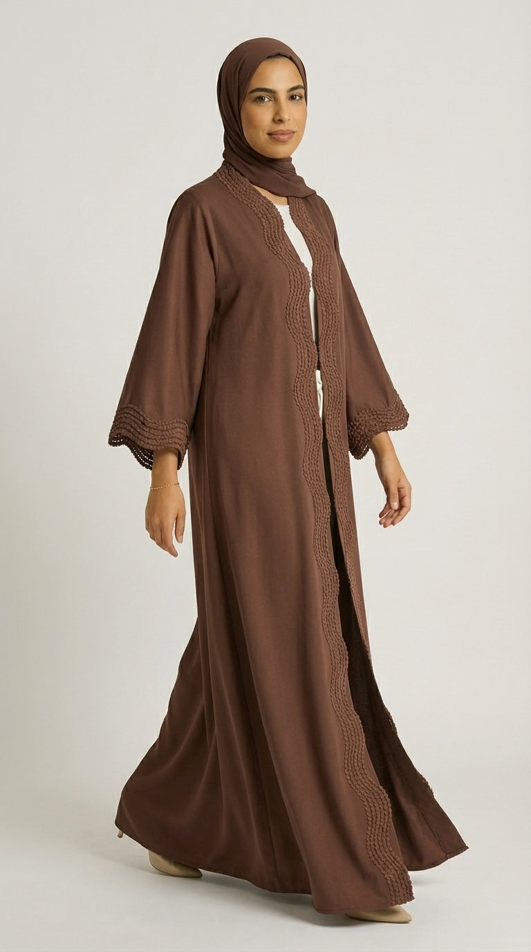 Chocolate Brown Open-Front Abaya with Scalloped Trim