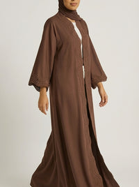 Chocolate Brown Open-Front Abaya with Scalloped Trim