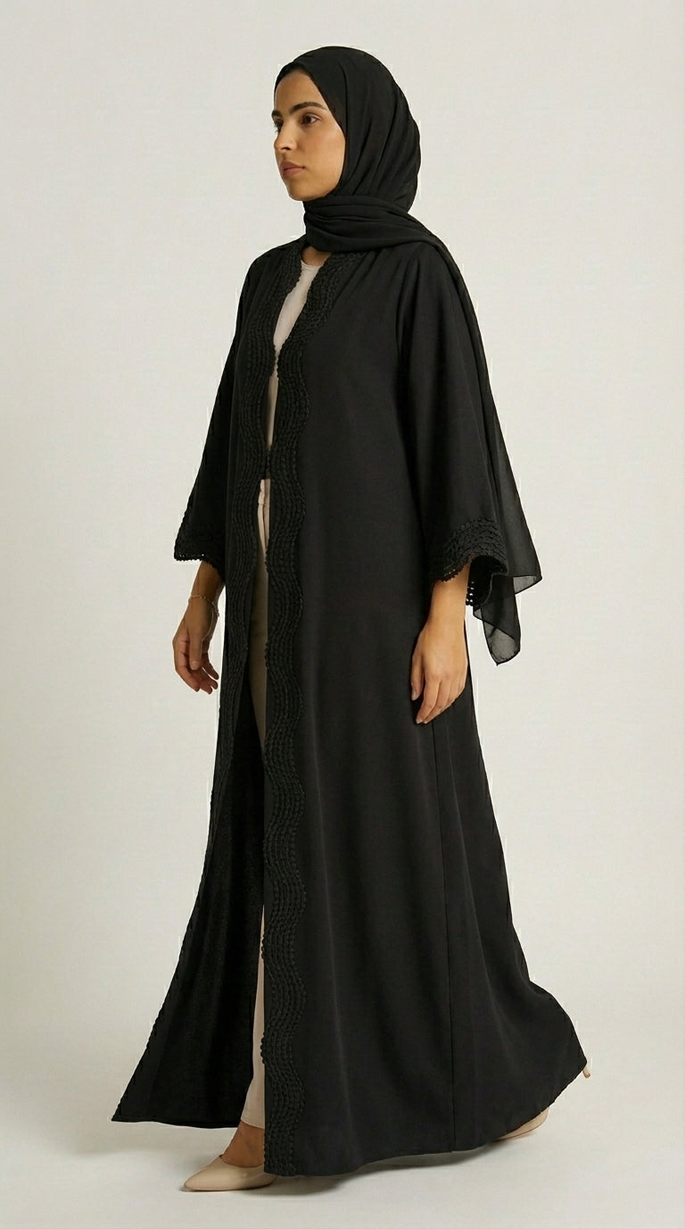 Classic Black Open-Front Abaya with Scalloped Trim