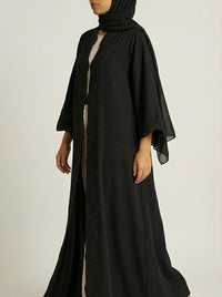 Classic Black Open-Front Abaya with Scalloped Trim