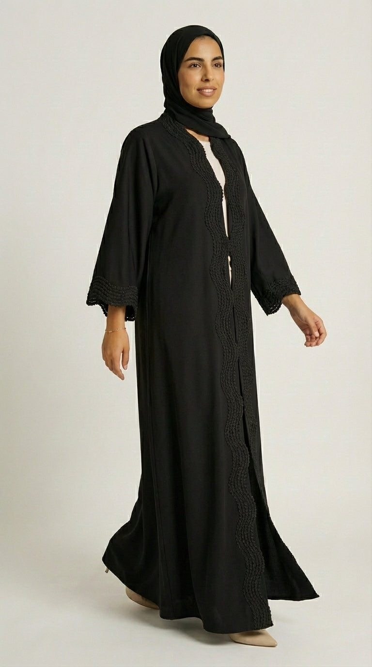 Classic Black Open-Front Abaya with Scalloped Trim
