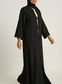 Classic Black Open-Front Abaya with Scalloped Trim