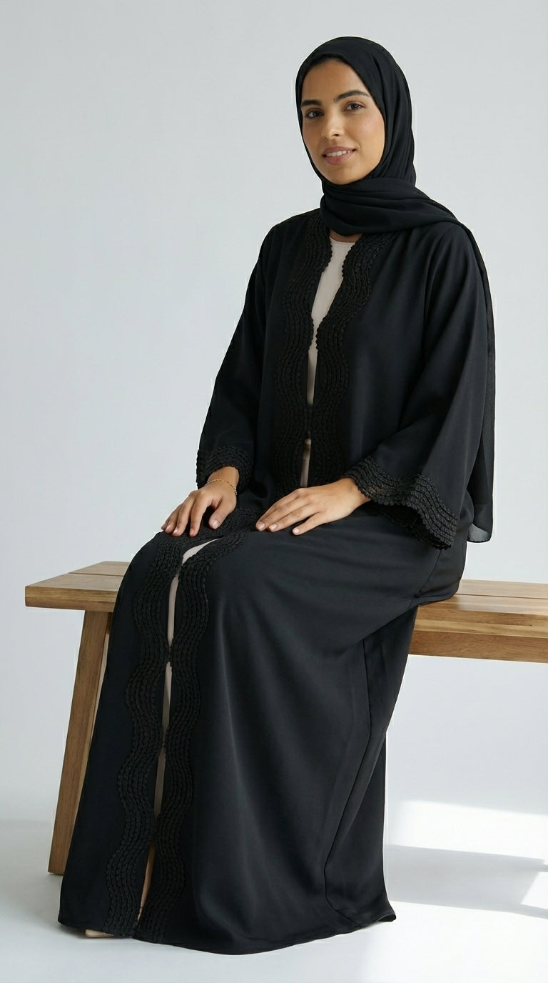 Classic Black Open-Front Abaya with Scalloped Trim