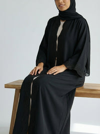 Classic Black Open-Front Abaya with Scalloped Trim