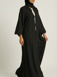 Classic Black Open-Front Abaya with Scalloped Trim