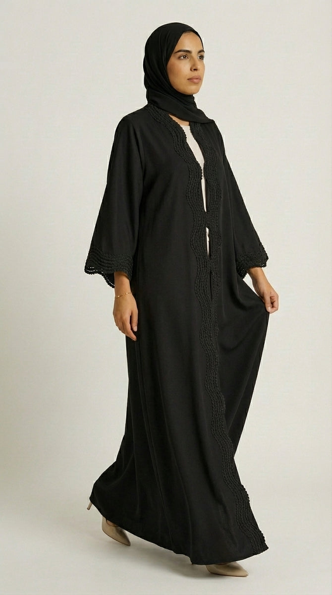 Classic Black Open-Front Abaya with Scalloped Trim