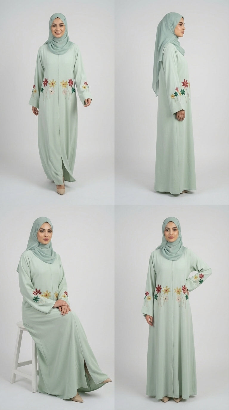 Pistachio Floral Embroidered Closed Abaya