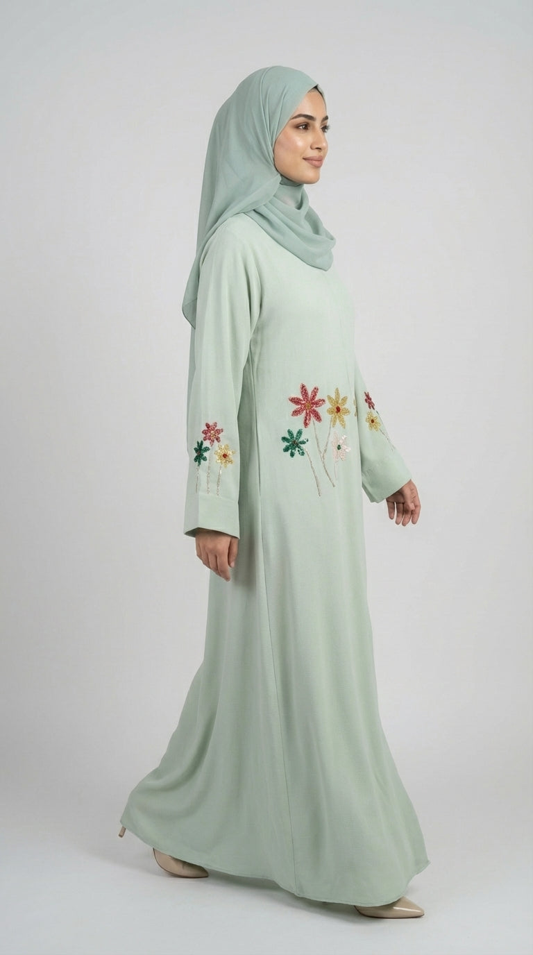 Pistachio Floral Embroidered Closed Abaya