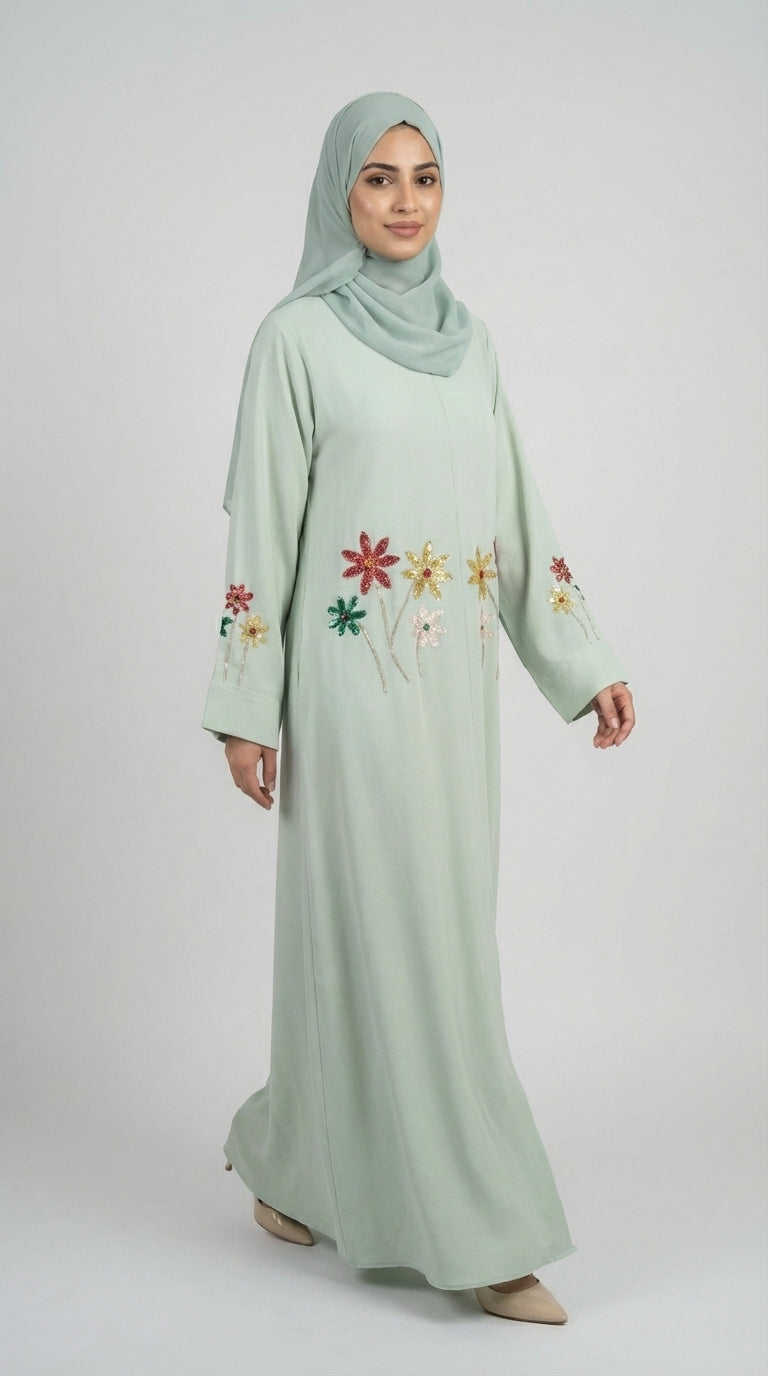 Pistachio Floral Embroidered Closed Abaya