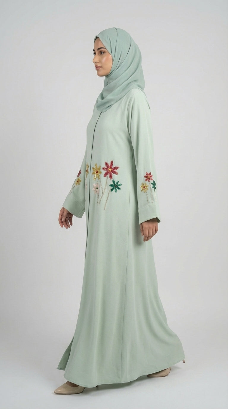 Pistachio Floral Embroidered Closed Abaya