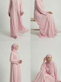 Soft Rose Lace-Trimmed Open Front Abaya
