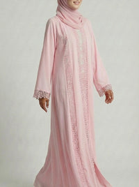 Soft Rose Lace-Trimmed Open Front Abaya
