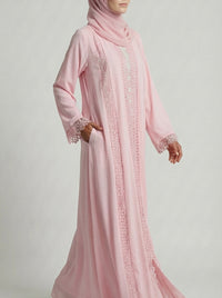 Soft Rose Lace-Trimmed Open Front Abaya