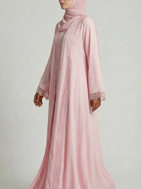 Soft Rose Lace-Trimmed Open Front Abaya