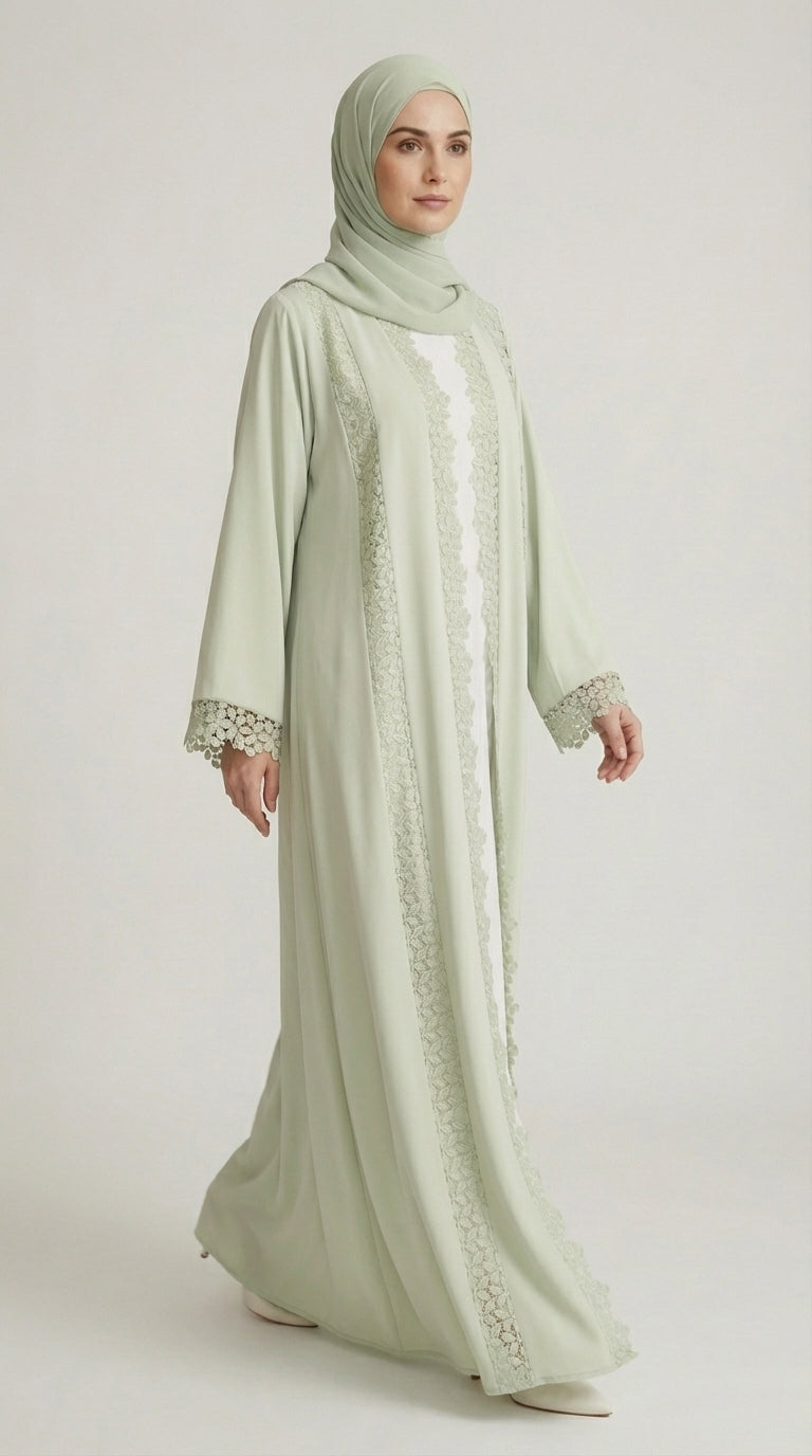 Mint Green Lace-Trimmed Open Front Abaya