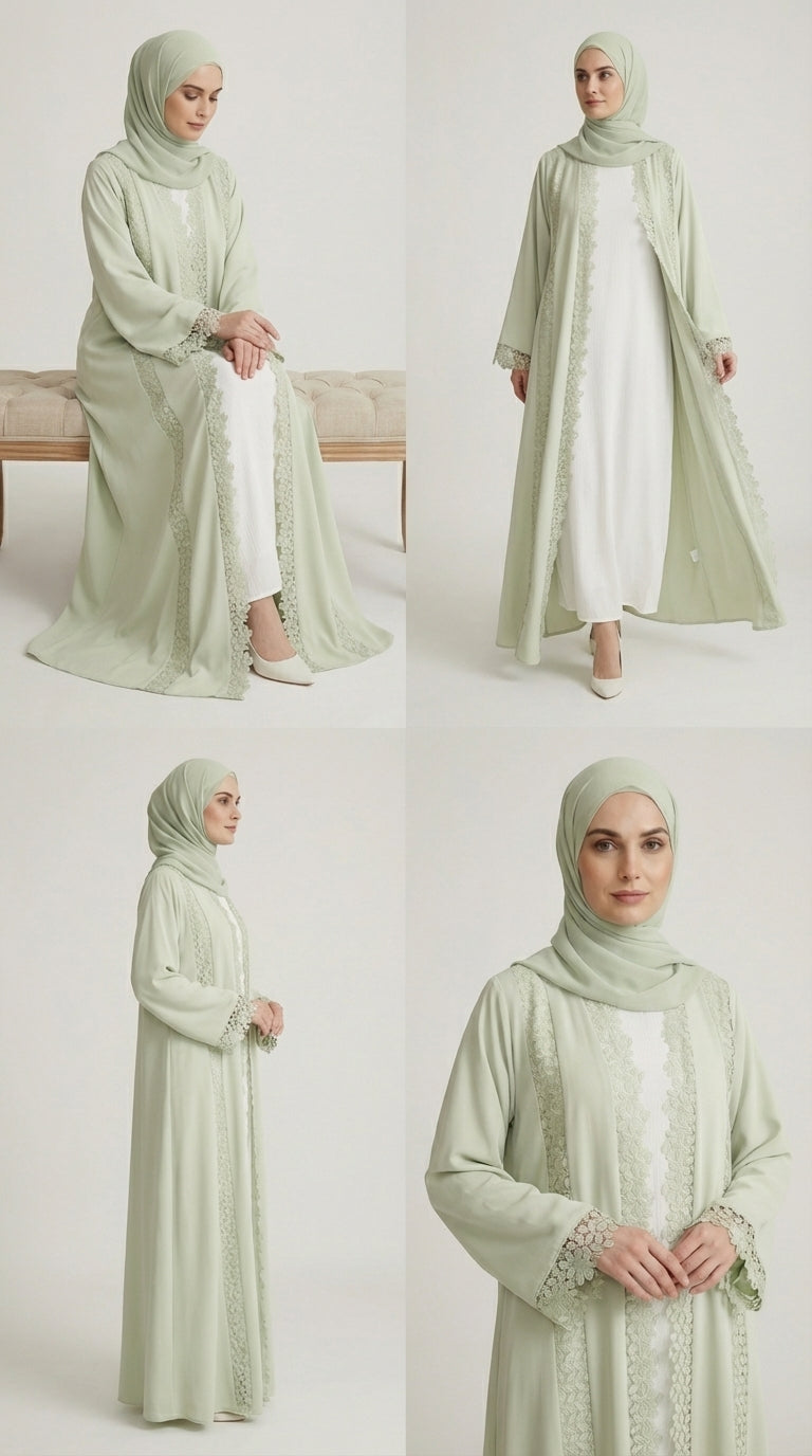 Mint Green Lace-Trimmed Open Front Abaya