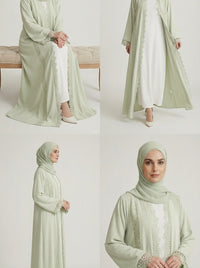 Mint Green Lace-Trimmed Open Front Abaya