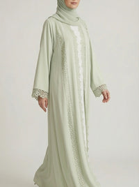Mint Green Lace-Trimmed Open Front Abaya