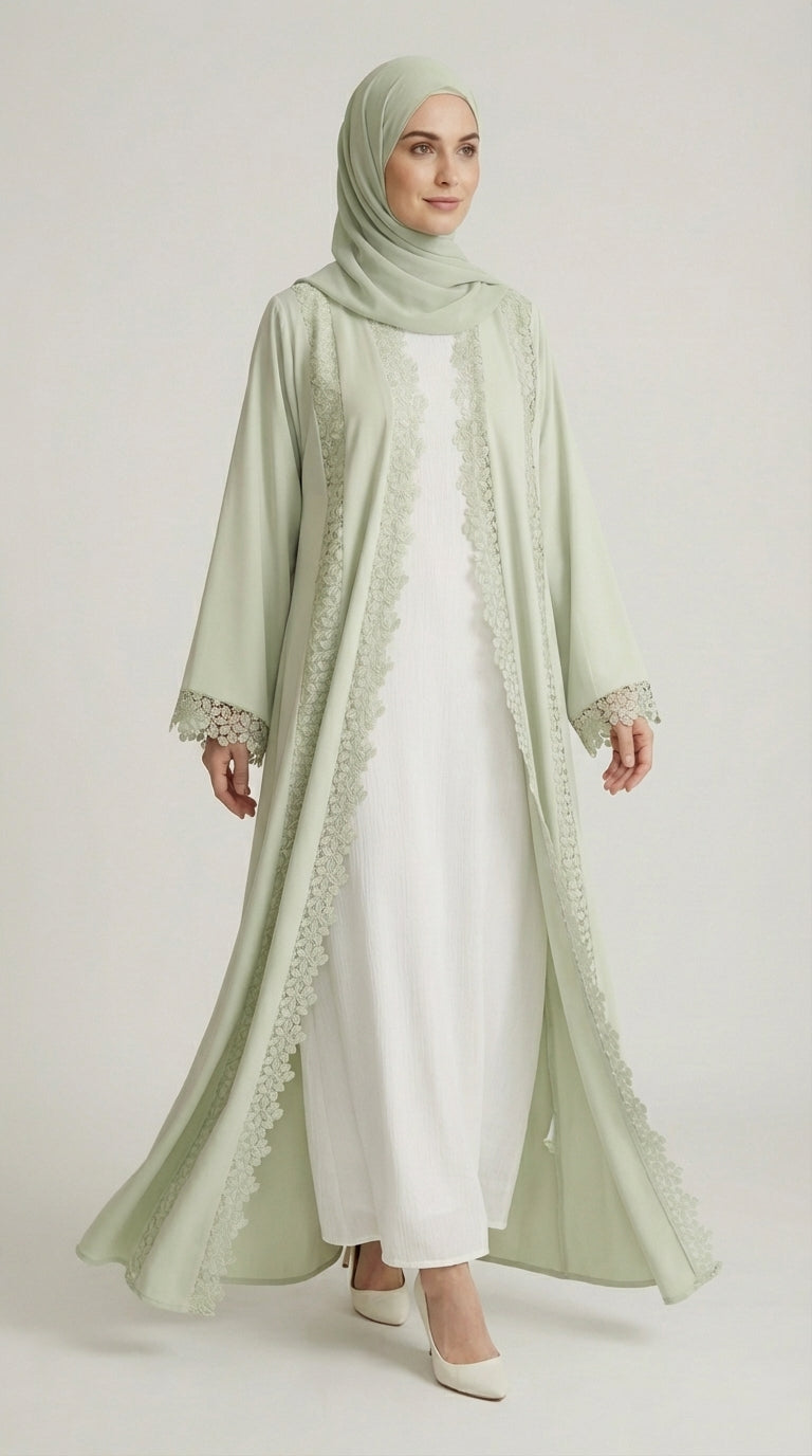 Mint Green Lace-Trimmed Open Front Abaya