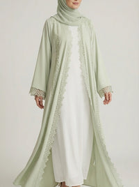 Mint Green Lace-Trimmed Open Front Abaya