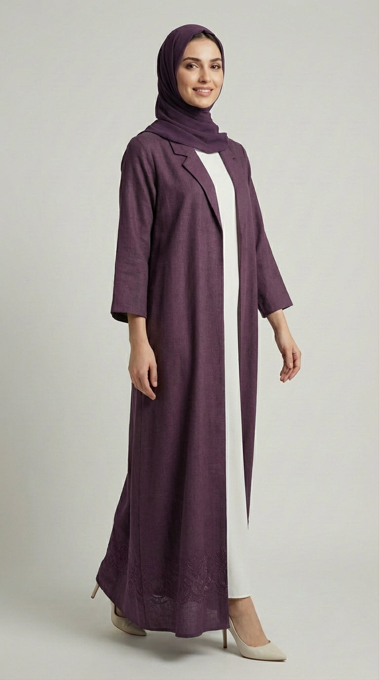 Deep Mauve Coat-Style Abaya with Lapel Collar