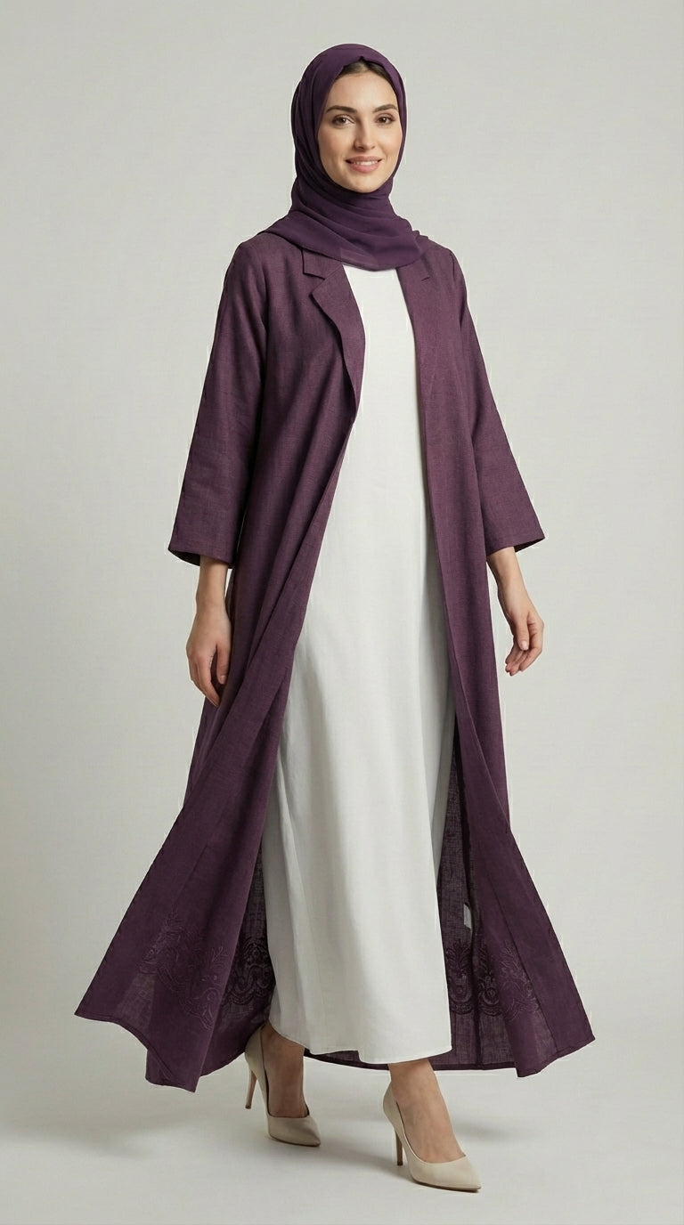 Deep Mauve Coat-Style Abaya with Lapel Collar