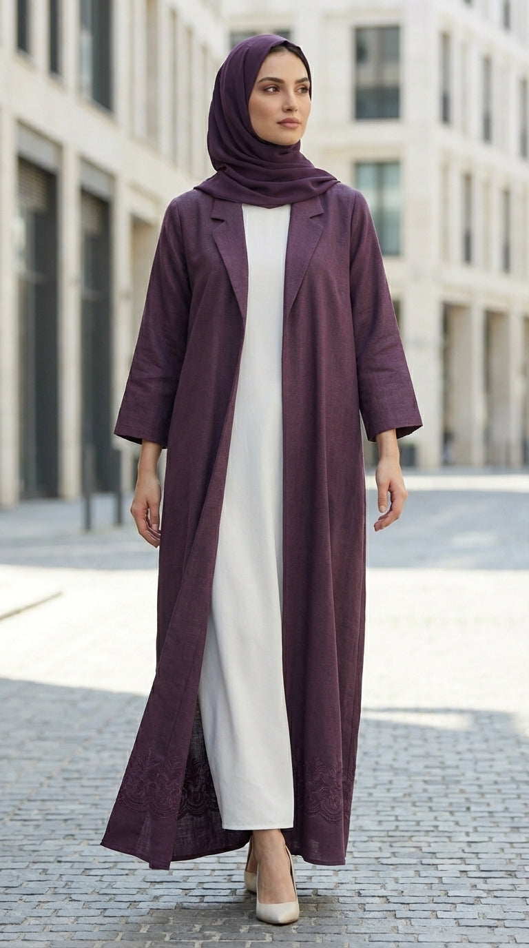 Deep Mauve Coat-Style Abaya with Lapel Collar
