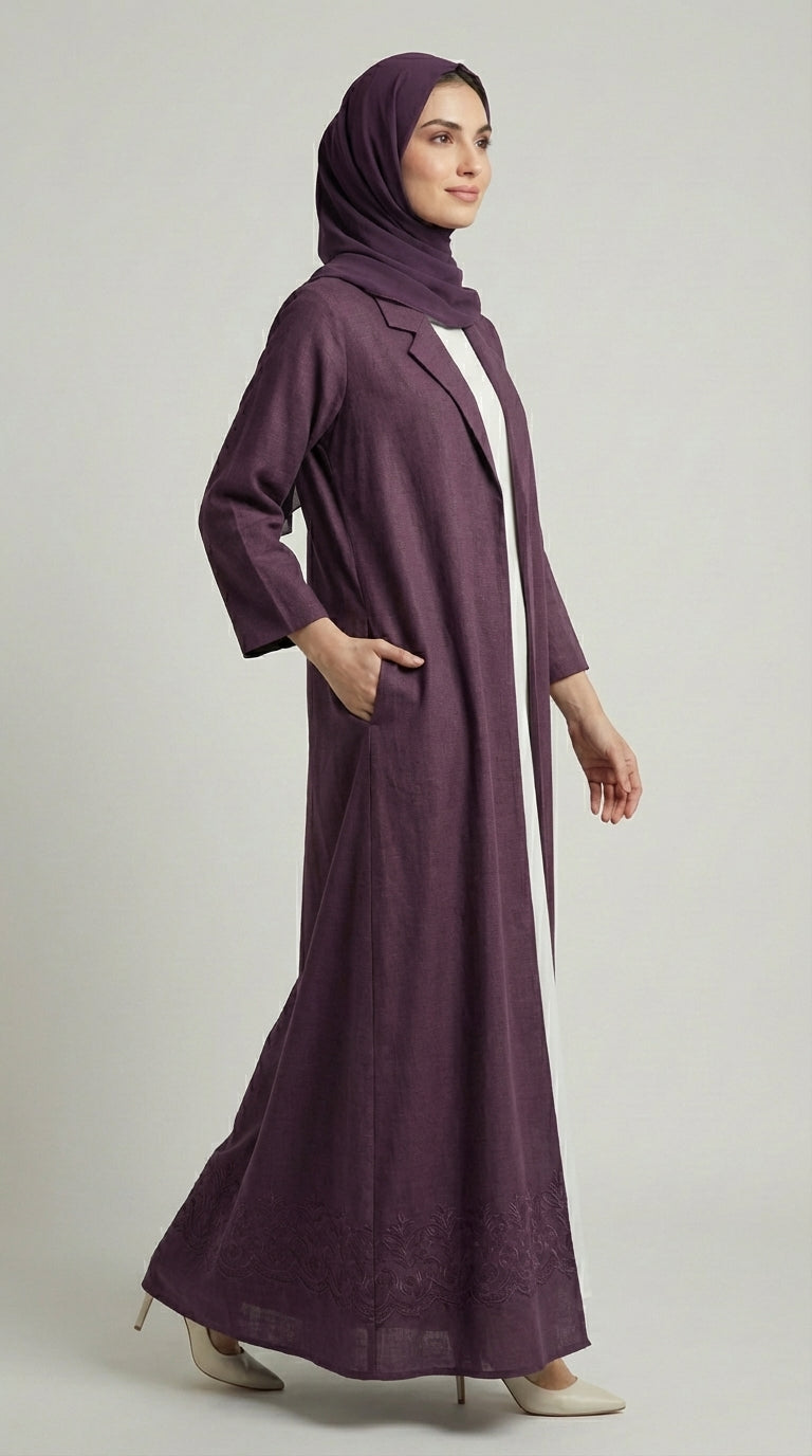 Deep Mauve Coat-Style Abaya with Lapel Collar