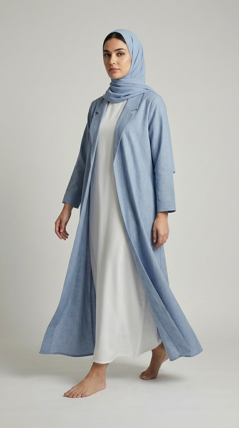 Dusty Blue Coat-Style Abaya with Lapel Collar