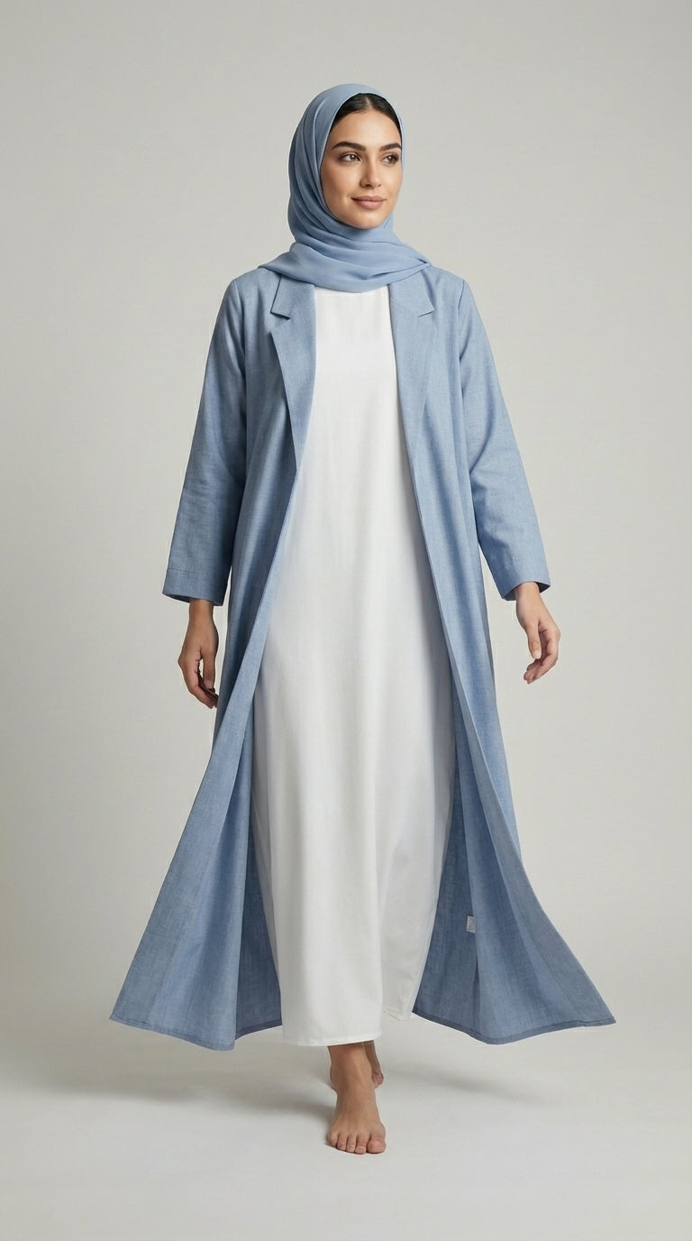 Dusty Blue Coat-Style Abaya with Lapel Collar