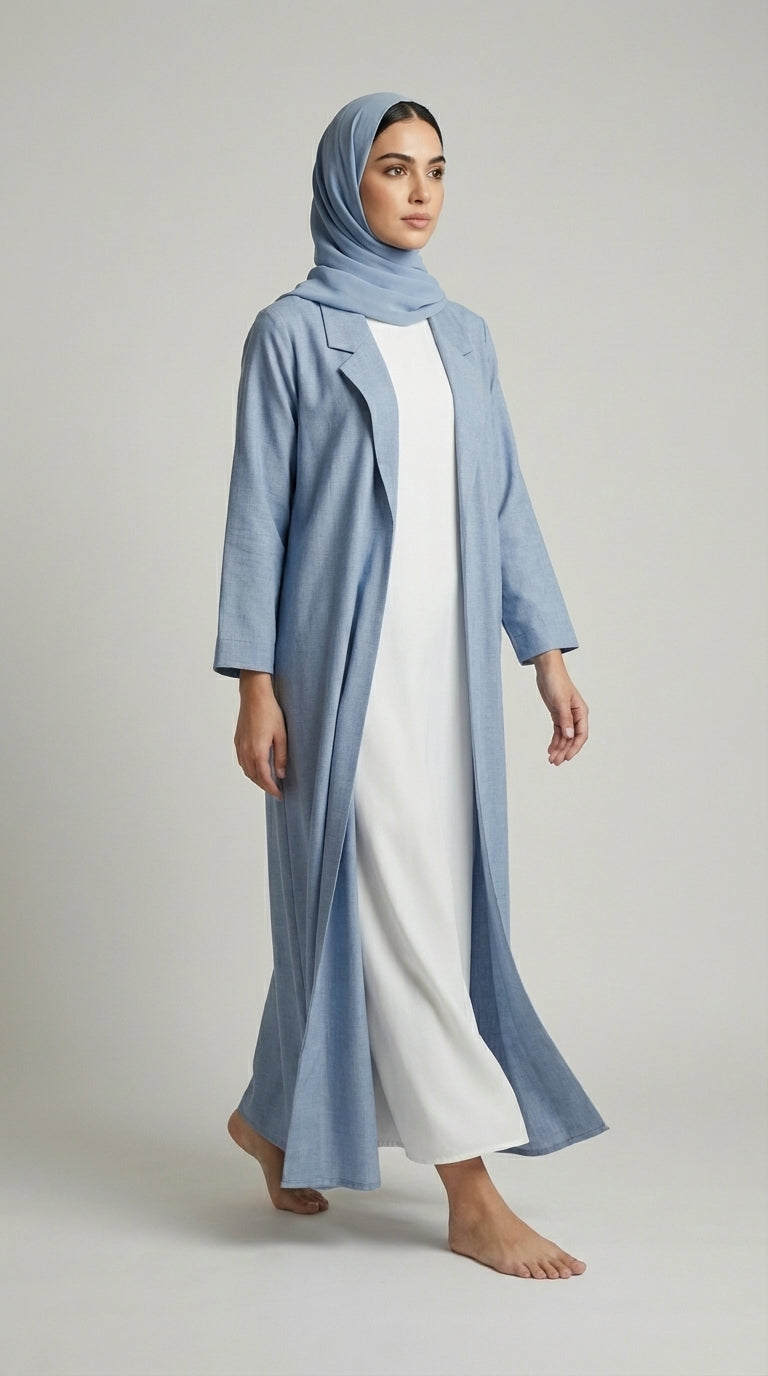 Dusty Blue Coat-Style Abaya with Lapel Collar