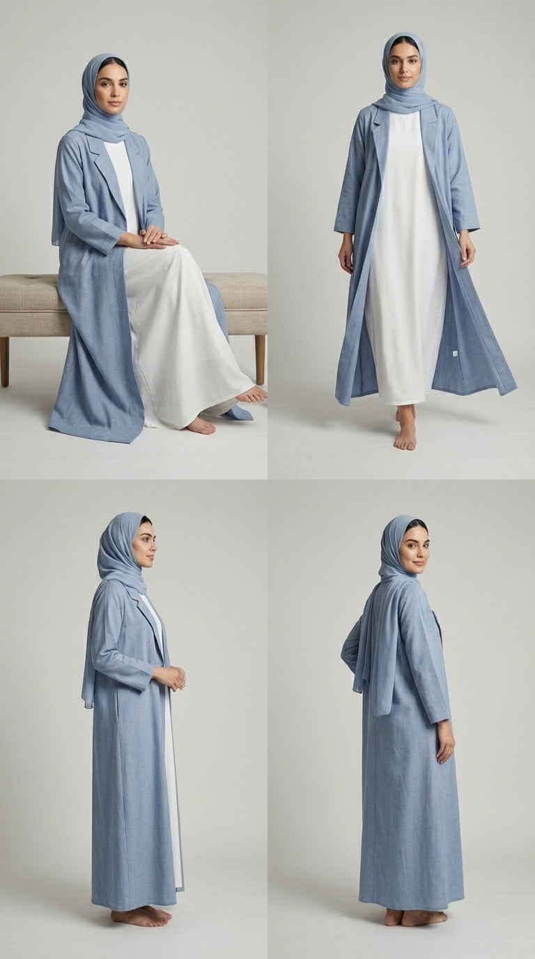 Dusty Blue Coat-Style Abaya with Lapel Collar