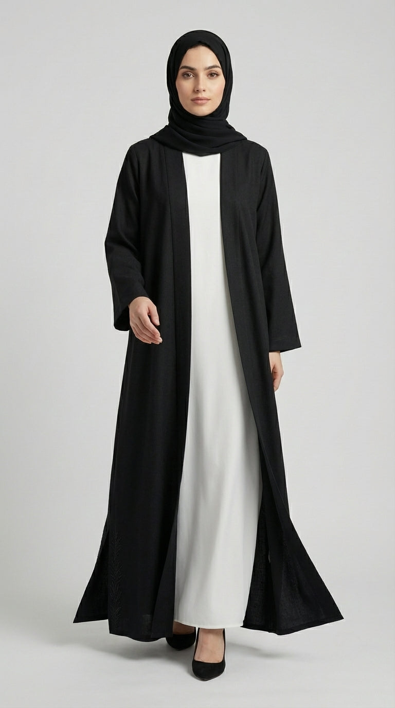 Jet Black Coat-Style Abaya with Lapel Collar