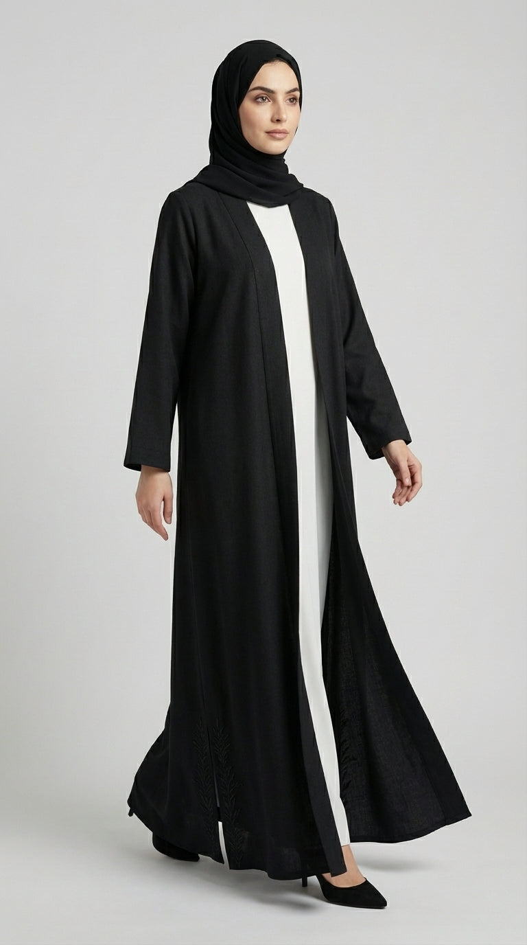 Jet Black Coat-Style Abaya with Lapel Collar