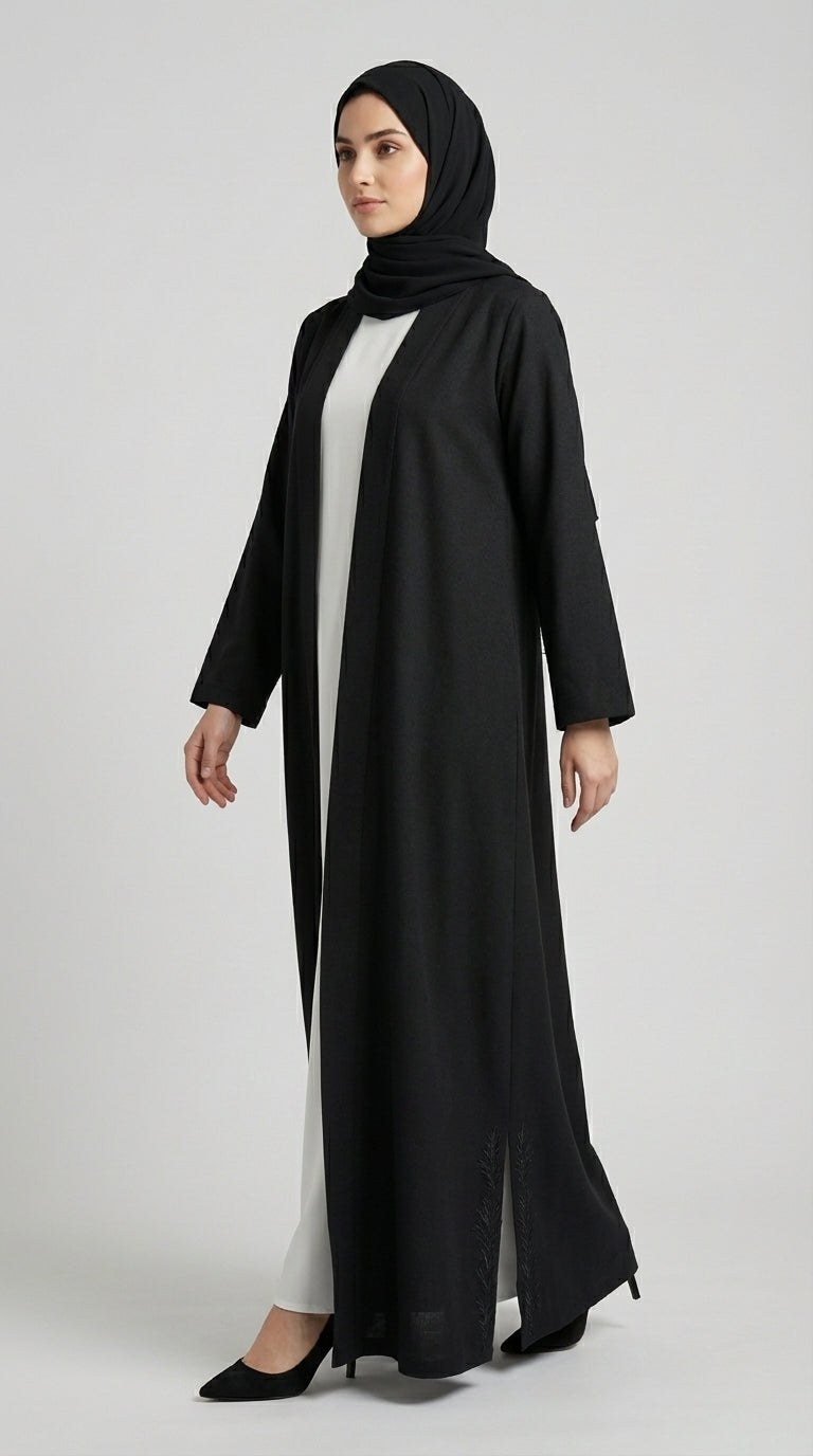 Jet Black Coat-Style Abaya with Lapel Collar