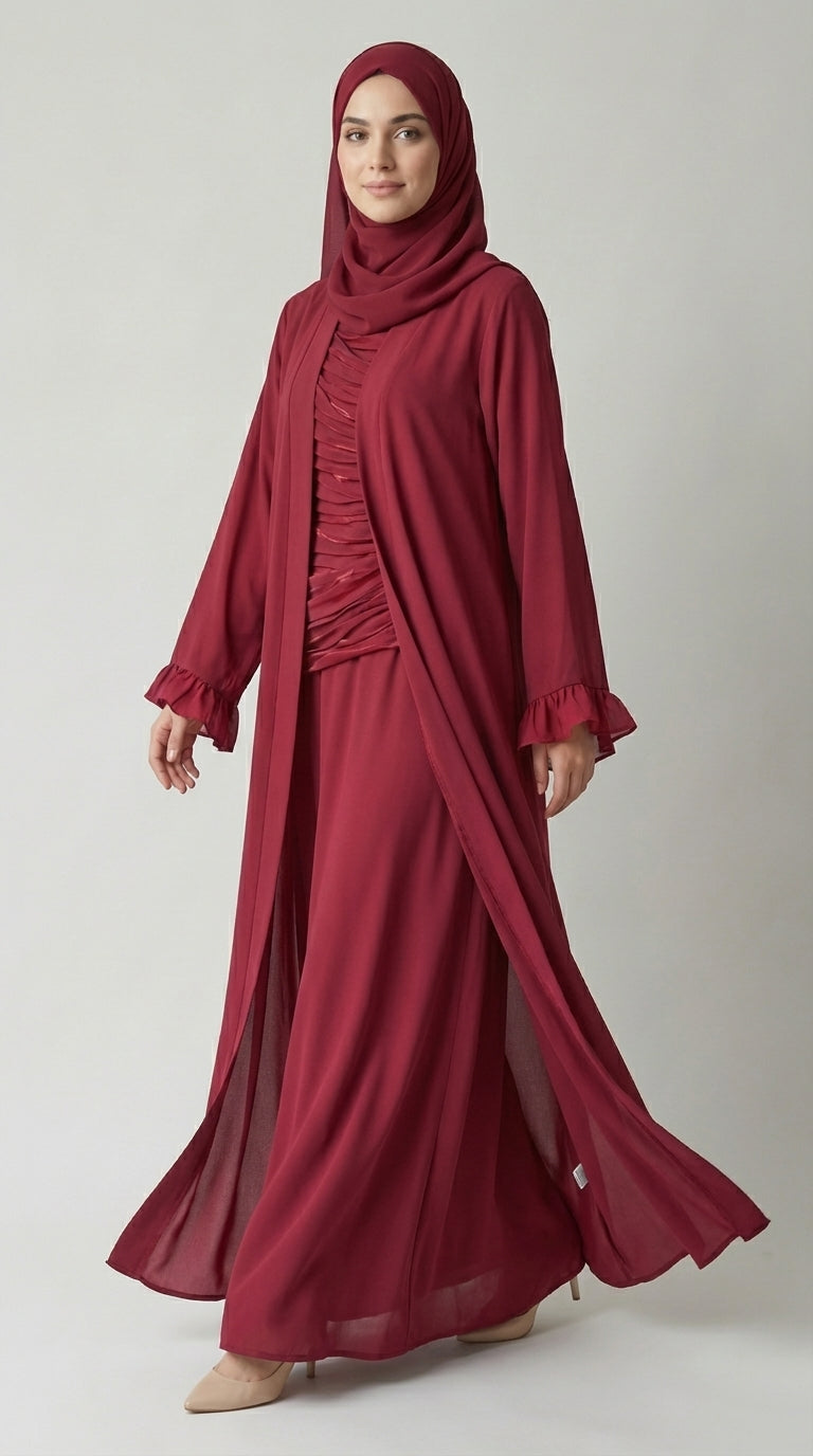 Ruby Red Open-Front Abaya with Ruffled Cuffs