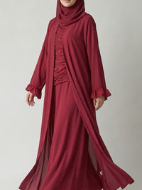 Ruby Red Open-Front Abaya with Ruffled Cuffs