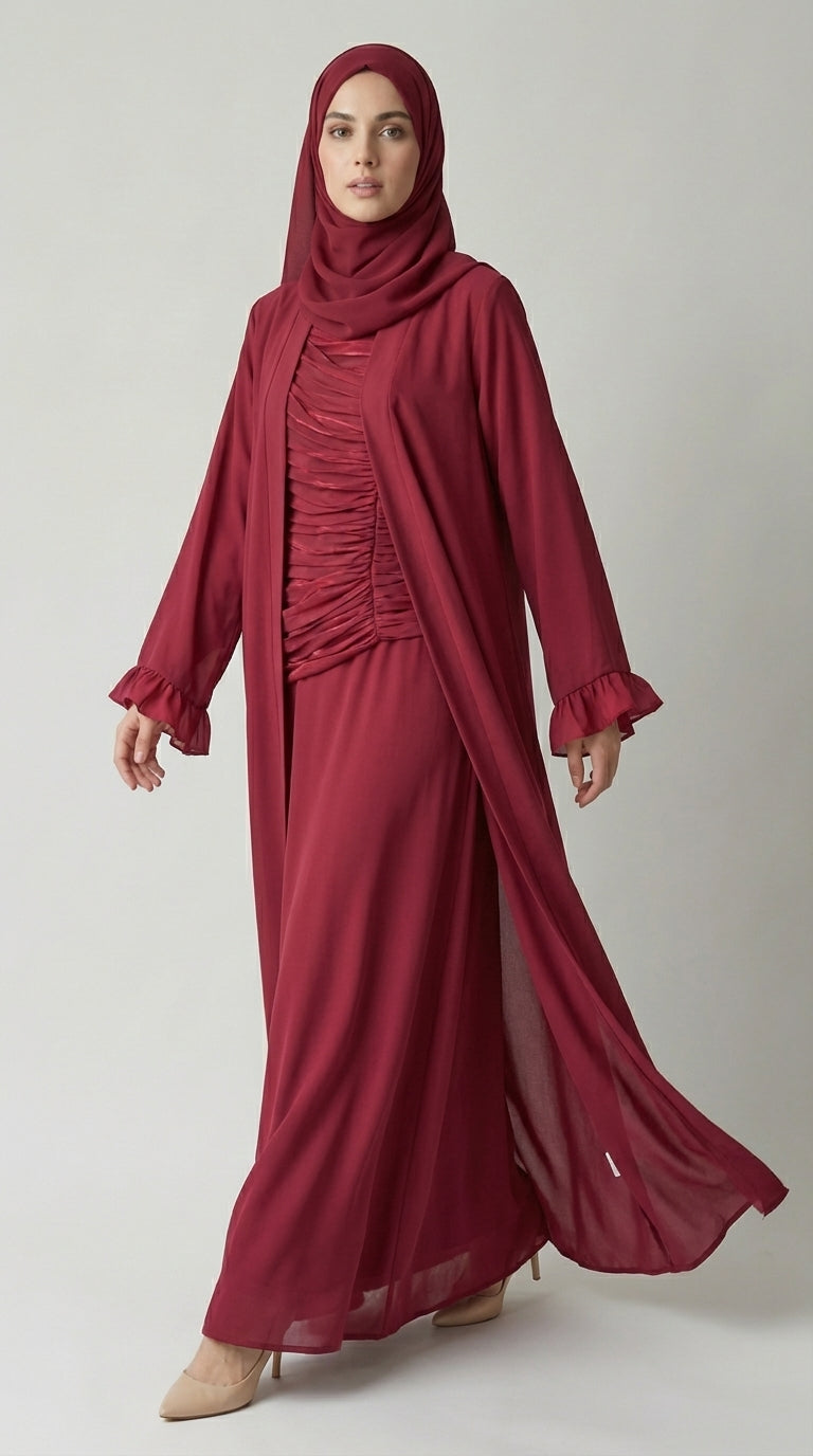 Ruby Red Open-Front Abaya with Ruffled Cuffs