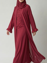 Ruby Red Open-Front Abaya with Ruffled Cuffs